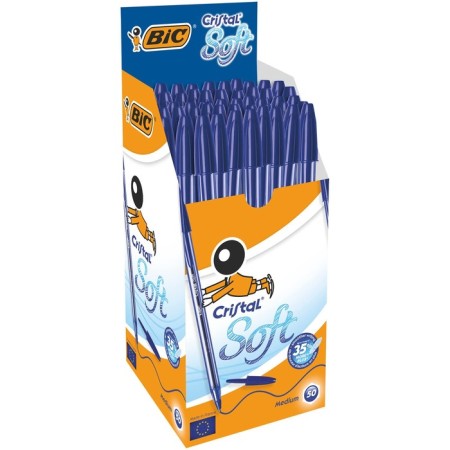 Ballic handle, blue ink, bic Cristal Soft, 1.2 mm node, soft economical wide letter, transparent tinted case