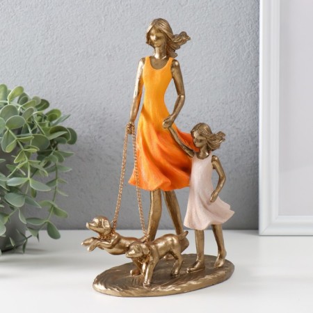 Souvenir Polystone "Mom with a daughter on a walk with dogs" bronze, orange 16x9.5x24 cm