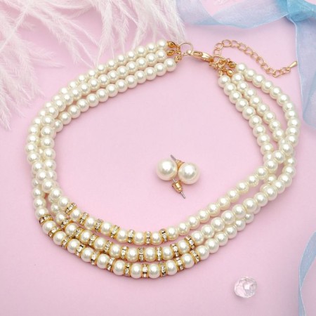 Set 2 objects: chocker, earrings "celebration" trio, white-golden color, 30 cm