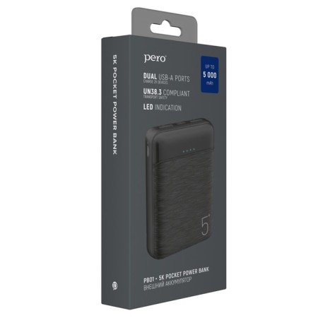 External battery PERO PB01, 5000 mAh, 2 USB, 2.1 A, indicator, black-3