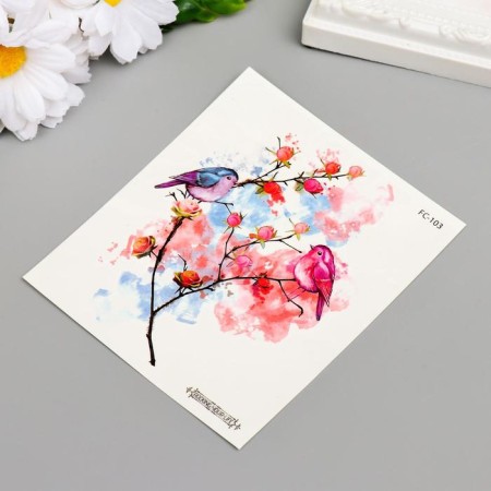 Tattoo on the body color "Birds on a pink bush" 12x10.5 cm-1