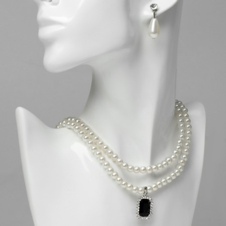 Set 2 objects: earrings, necklace "ladies" bright accent, white color in silver, 45 cm