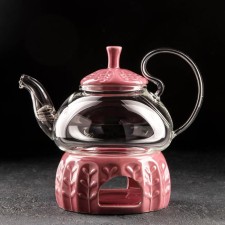 Glass teapot with metal sieve and stand for heating Elegy, 600 ml, red color