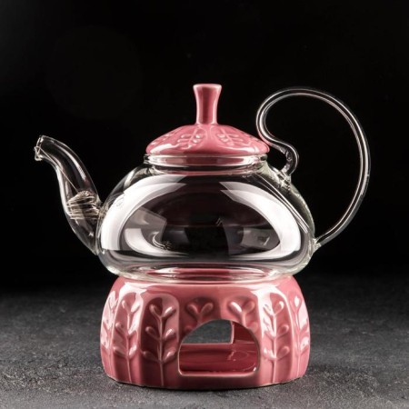 Glass teapot with metal sieve and stand for heating Elegy, 600 ml, red color