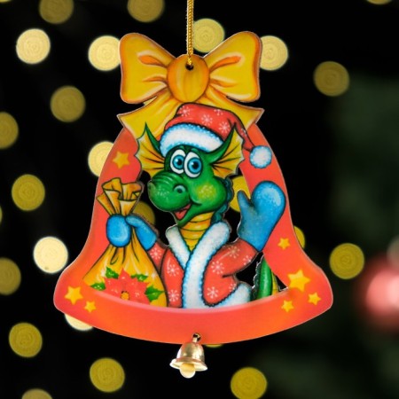 Christmas tree toy "Dragon in the bell", lamination, 84 x 93mm-1