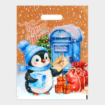New Year. The Penguin Postman Package, plastic with a cut pen, 30 x 40 cm.