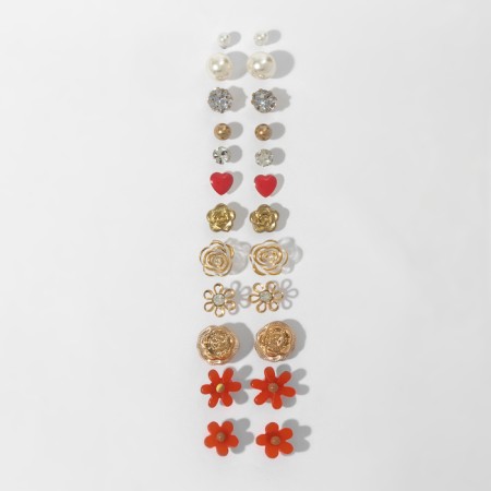 Pusets 12 pairs Onear, Flower Assorted, white-pink color in gold-3