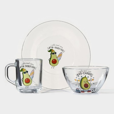 Avocado breakfast set, 3 items: mug 200 ml, salad bowl 450 ml, plate, MIX drawing-4