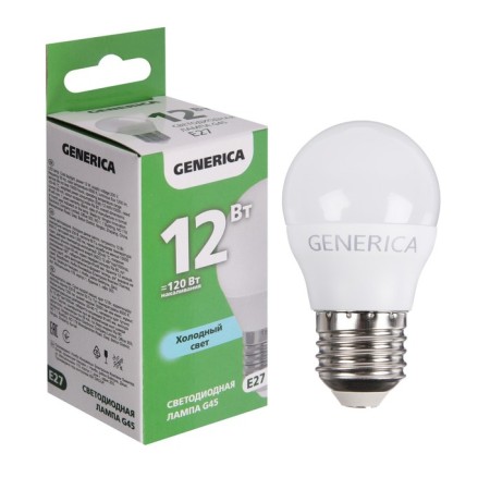 LED LED Generica G45, 12 W, ball, 6500 K, E27 230 V, LL-G45-12-230-65-E27-G