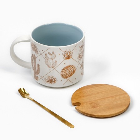 Ceramic mug with a lid and spoon "Cacti", 470 ml, beige color-8