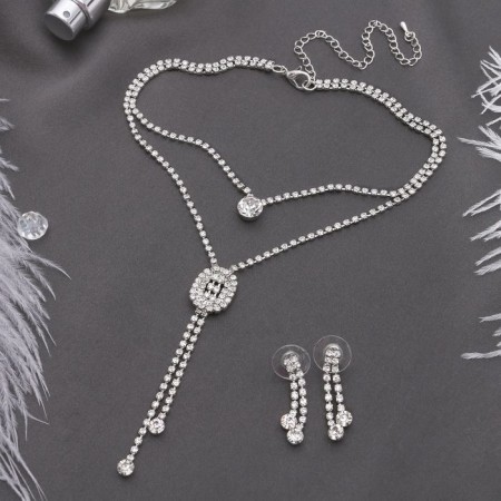 Set 2 objects: earrings, pendant "jacqueline" duet, oval, white color in silver, 45 cm