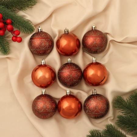 Set of balls plastic D-5.5 cm, 9 pcs "Frosty placket" ornament, brown