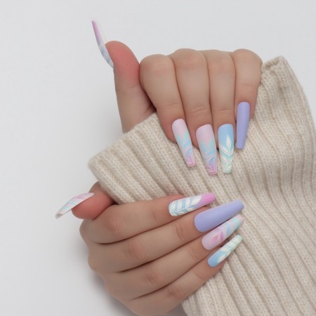 Falbled nails “Leaflets”, 12 pcs, with adhesive plates, ballerina shape, multi -colored-9