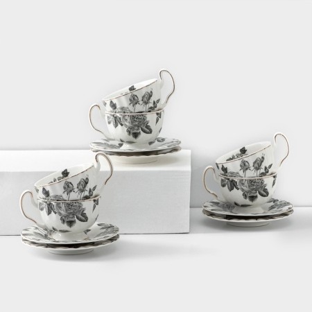 Service Porcelain Tea Black Rose, 12 items: 6 mugs 220 ml, 6 saucer d = 15 cm, white color