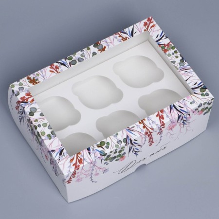 Capcake box, confectionery packaging with a window, 6 cells "Wreath", 25 x 17 x 10 cm-1