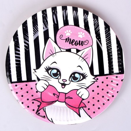 A set of paper dishes with masks "cat": 6 plates, 6 glasses, 6 masks-8