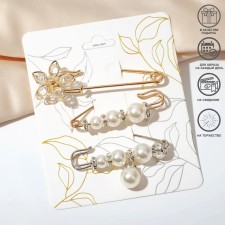 A set of pins (3 pcs.) “Pearls and flowers”, 7.5 cm, white color in gold and silver