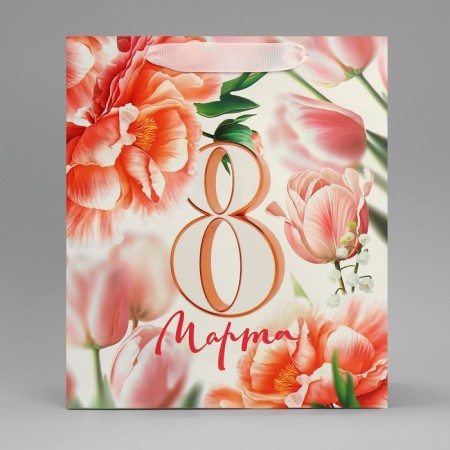Gift package laminated, packaging, “March 8”, flowers, Ml 23 x 27 x 11.5 cm-2