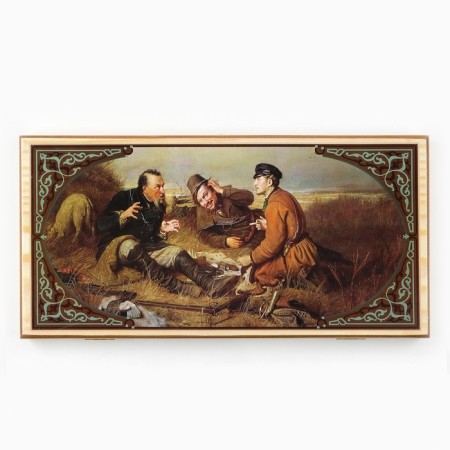 Backgammon "Hunters on a halt", wooden board 50 x 50 cm, with a field for playing checkers