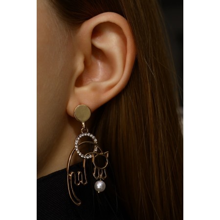 Earrings Assorted SISTA playful cats, white color in gold-6