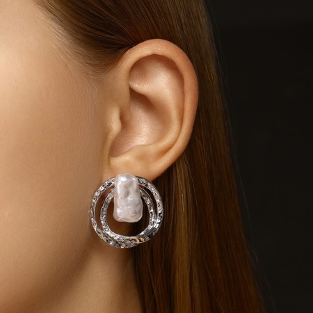 Earrings with pearls "bead" double circle, color silver-3