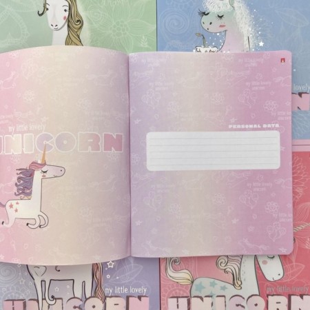 Notebook of 48 sheets in the Unicorn cage, cover coated cardboard, matte lamination Soft Touch, foil, mix-10