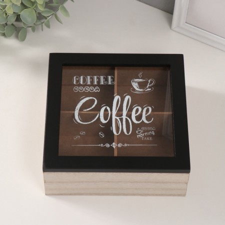 Casket wood 4 divisions "Morning begins with coffee" 18.2x18.2x7.2 cm-1
