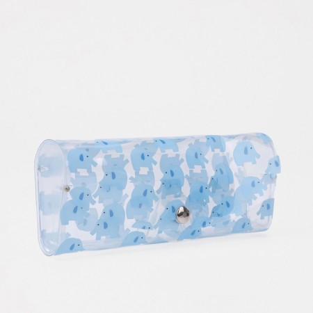 A case for glasses on a button, 15 cm × 3 cm × 6 cm, blue/transparent color