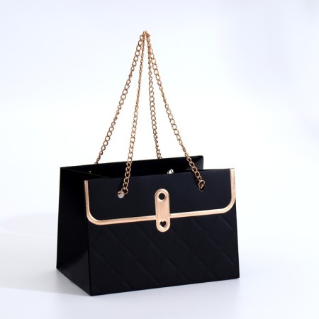 Packet for flowers, handle chain, "black", with gold embossing, 15 x 10.5 x 10 cm