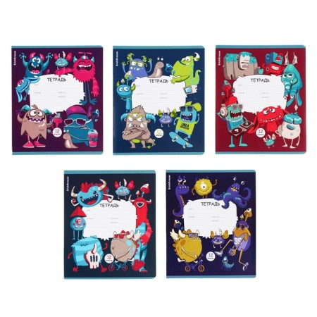 Notebook of 12 sheets in the Erichkrause "Monsters" cage, covered cardboard, OFSET block, mix