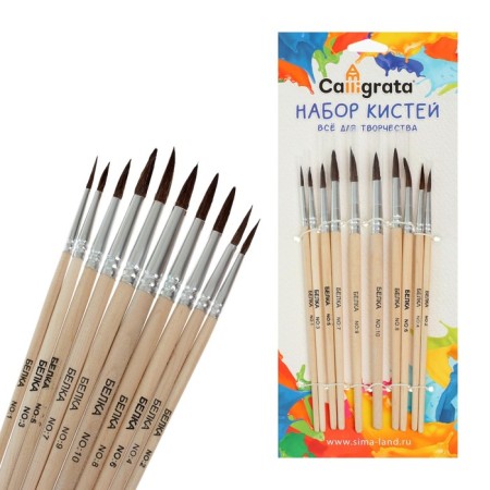 Set of protein brushes, calligrata, round, 10 pieces (No. 1,2,3,4,5,6,7,8,9,10) with handles, in blister