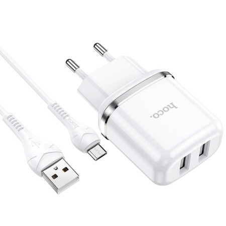 Nice charger Hoco N4, 2 USB - 2.4 A, MicroUSB 1 m cable, white-1