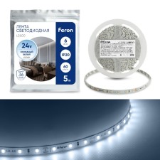 Светодиодная лента Feron 5 м, IP20, SMD2835, 60 LED/м, 6 Вт/м, 24 В, свечение холодное белое