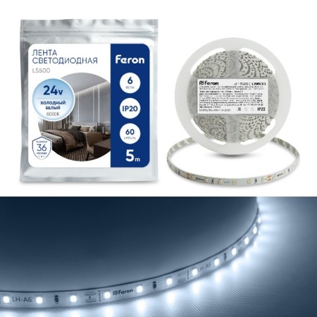 Feron 5 m, IP20, SMD2835, 60 LED/m, 6 W/m, 24 V, Cold white glow.