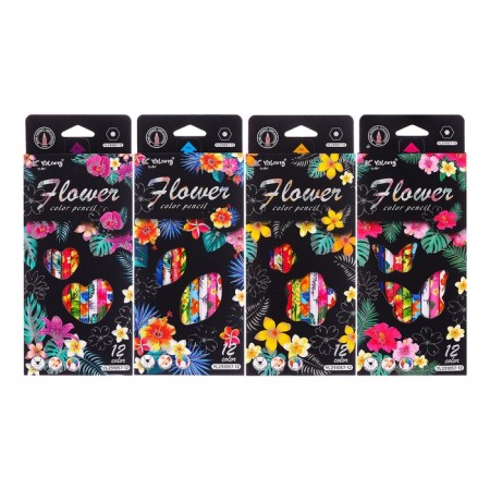 Pencils 12 colors in a cardboard box, hexagonal, wooden, flowers on a black mix-1