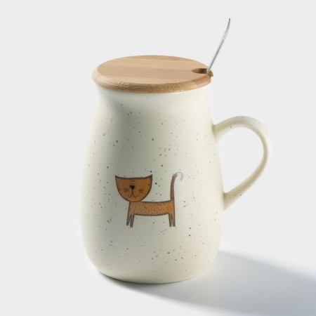 Ceramic mug with a wooden lid and spoon "Patty", 350 ml, MIX drawing-4