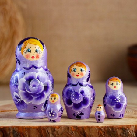Matryoshka "Rose", lilac dress, 5 puppet, 10 cm