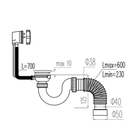 Siphon Viant Viant “Prof”, semi-automatic drain, flow type, corrugation d = 40-40/50, L600 mm-1