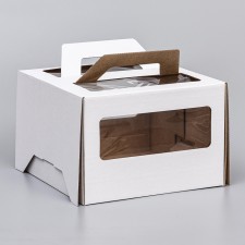 Box for cake 2 windows, with handles, white, 22 x 22 x 15 cm