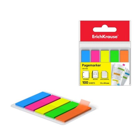 Plastic tabs 12 x 44 mm Erichkrause Neon, 5 colors of 20 sheets, with adhesive edge