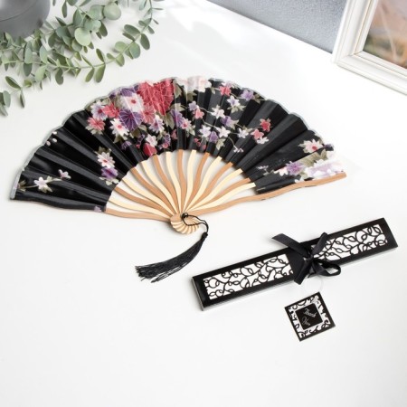 Fan bamboo, textile h = 21 cm bend, with a brush "flowers" in a box, black