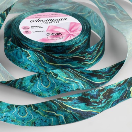 Satin ribbon "marble", 25 mm × 18 ± 1 m, green color