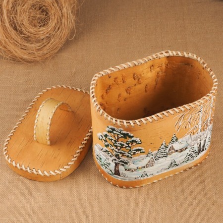 Khlebnitsa "Winter", with painting, 24 × 16 × 20 cm, mix, birch bark-4