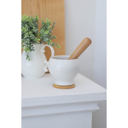 Porcelain mortar for spices with a pestle on the bamboo stand Bellatenero, 380 ml, white color-6