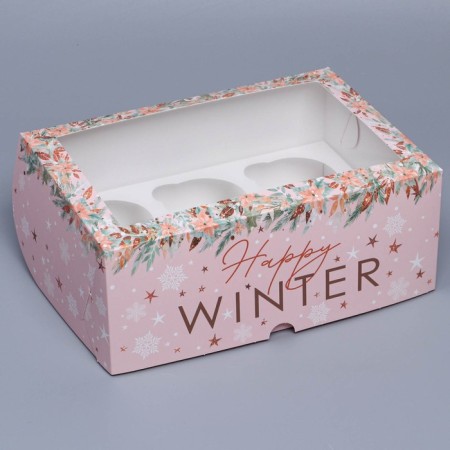 Folding box for 6 cupcakes with the Happy Winter window, 25 x 17 x 10 cm, New Year-1