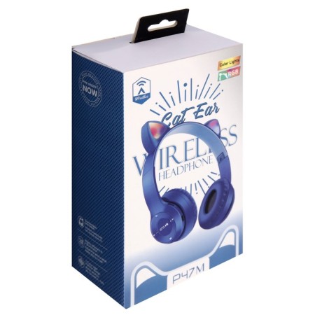 P47M headphones, wireless, full -size, BT, Microsd, microphone, AUX, with ears, blue-12