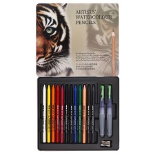 Pencils of watercolor, whole, 12 colors+2 brushes+sharpener, in a metal box wwp-12
