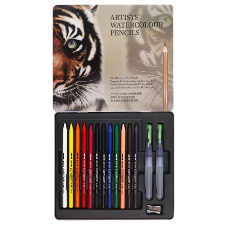 Pencils of watercolor, whole, 12 colors+2 brushes+sharpener, in a metal box wwp-12