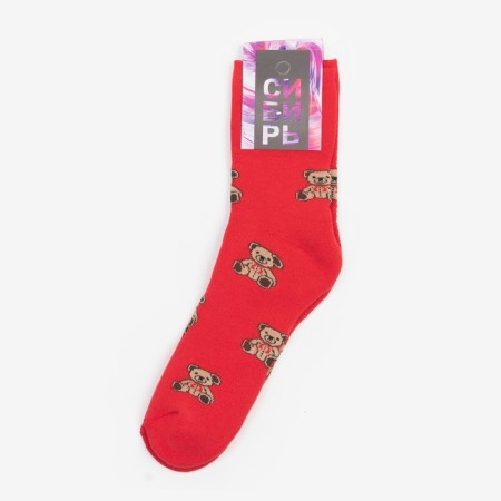 Winter women's socks "bears", red color, size 23-25 ​​(37-40)-9