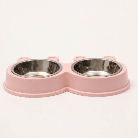 Metal dual bowl on a plastic basis 2 x 400 ml, 28 x 15.5 x 4 cm, pink-2
